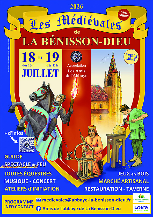 affiche blason rouge et jaune sur fond bleu avec une cavalière tenant une torche sur cheval cabré, une fileuse assise et un tailleur de pierre. au fond dessin de l'abbaye avec le clocher en tuile vernissées