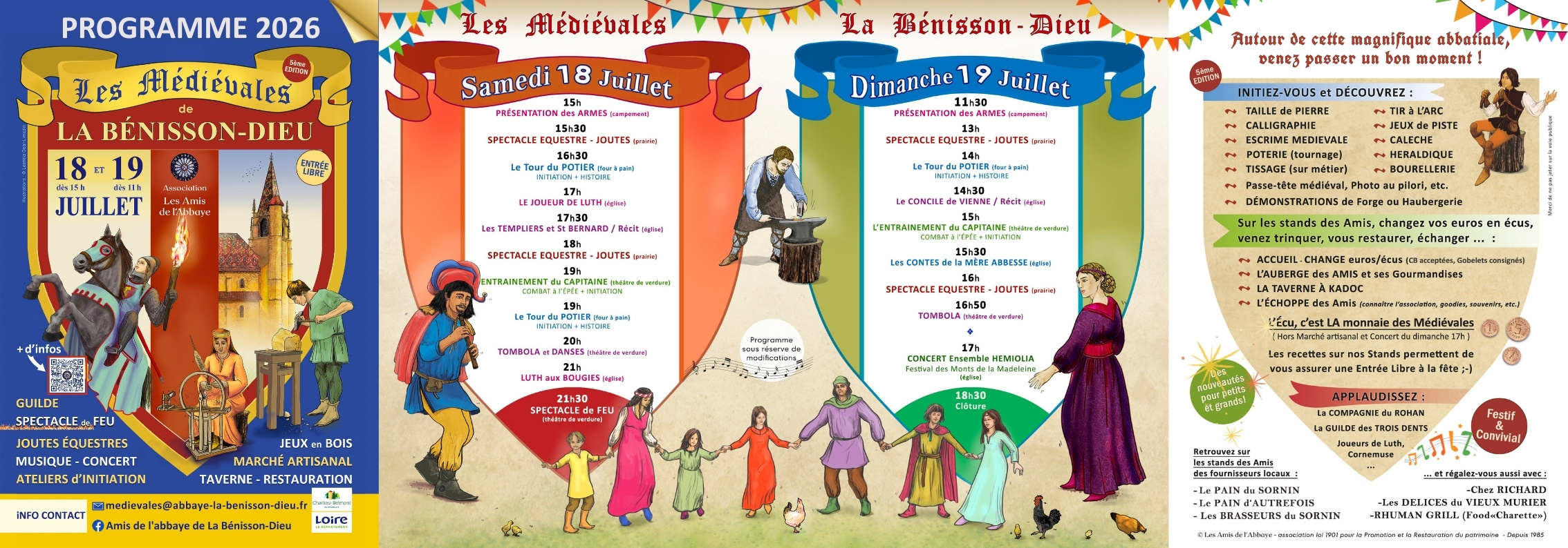 depliant en 4 parties avec affiche blason medievales de la benisson-dieu puis programme du samedi et du dimanche avec dessins de personnages qui dansent, joueur de flute et forgeron, dos du programme avec liste des activités et initiation et stands des amis de l'abbaye